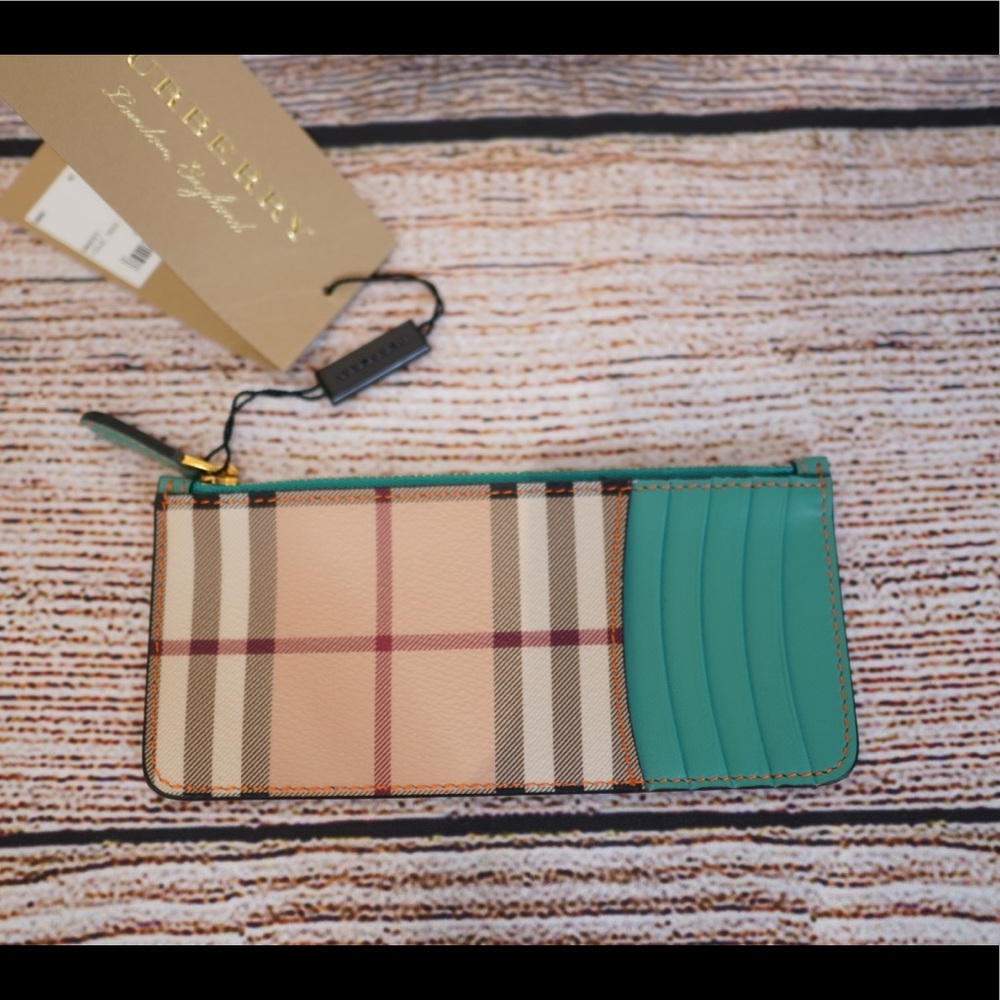 Burberry Trevor Scottie Beige Check and Teal Card Holder
